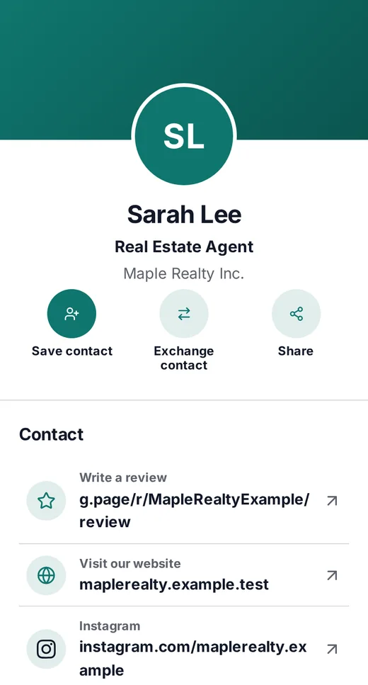 A Card2Tap profile on a phone, with Save contact, Exchange contact and Share buttons (example profile)