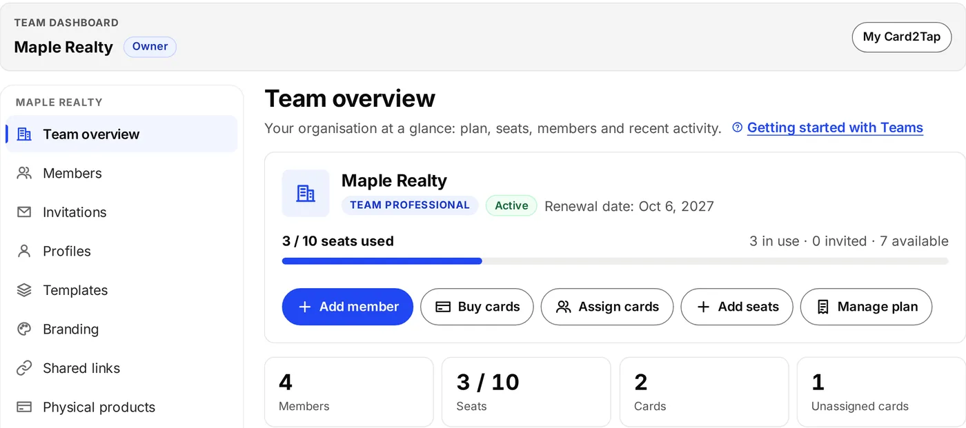 The Card2Tap Team dashboard: team overview with plan, seats, members and cards (example team)