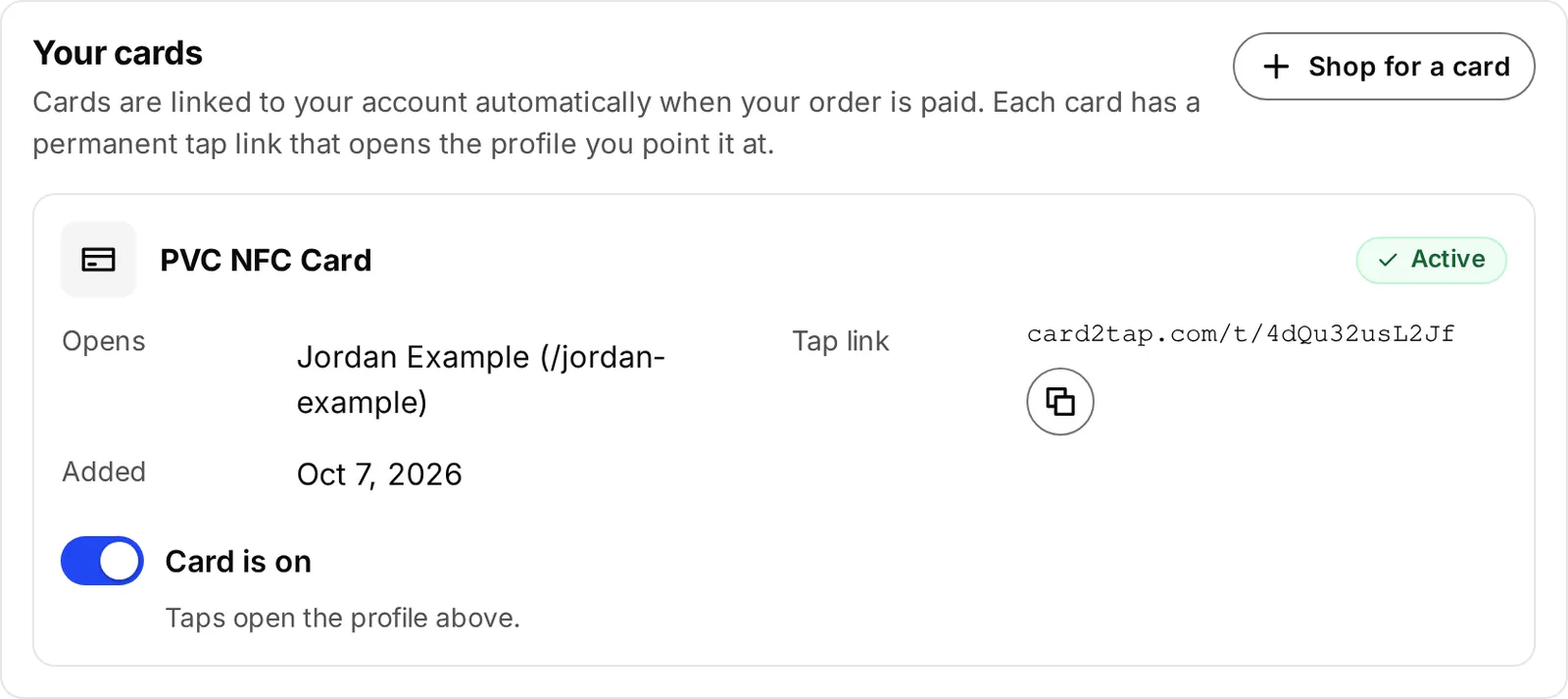 Cards & orders in My Card2Tap: a PVC NFC Card, Active, that opens Jordan Example, with its tap link and a Card is on switch