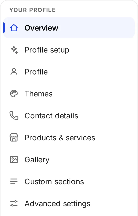 The Your profile menu in My Card2Tap: Overview, Profile setup, Profile, Themes, Contact details, Products & services, Gallery, Custom sections and Advanced settings