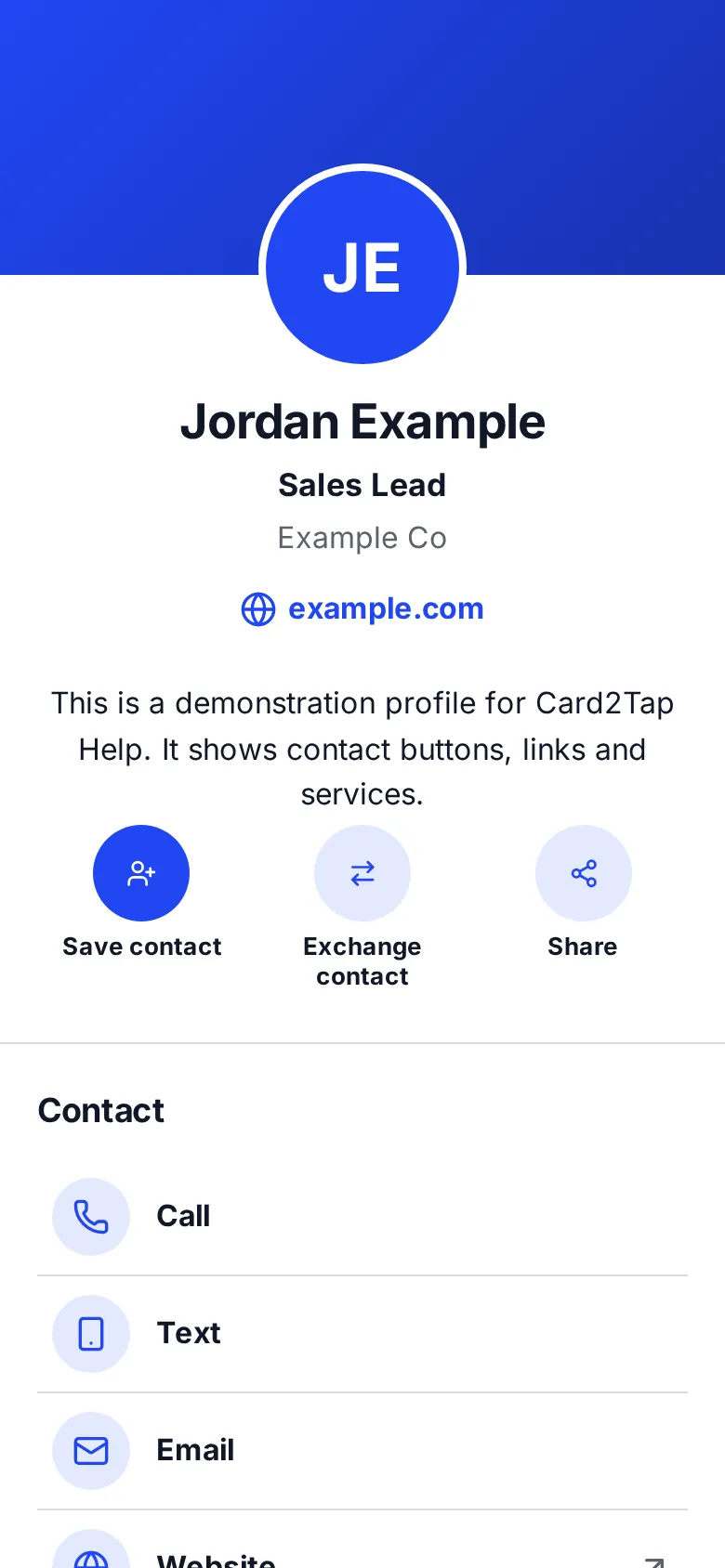 A demonstration Card2Tap profile on a phone: Jordan Example, Sales Lead, Example Co, with Save contact, Exchange contact and Share buttons and a list of contact buttons