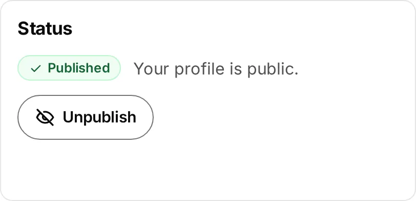 Status: Published. Your profile is public. An Unpublish button.
