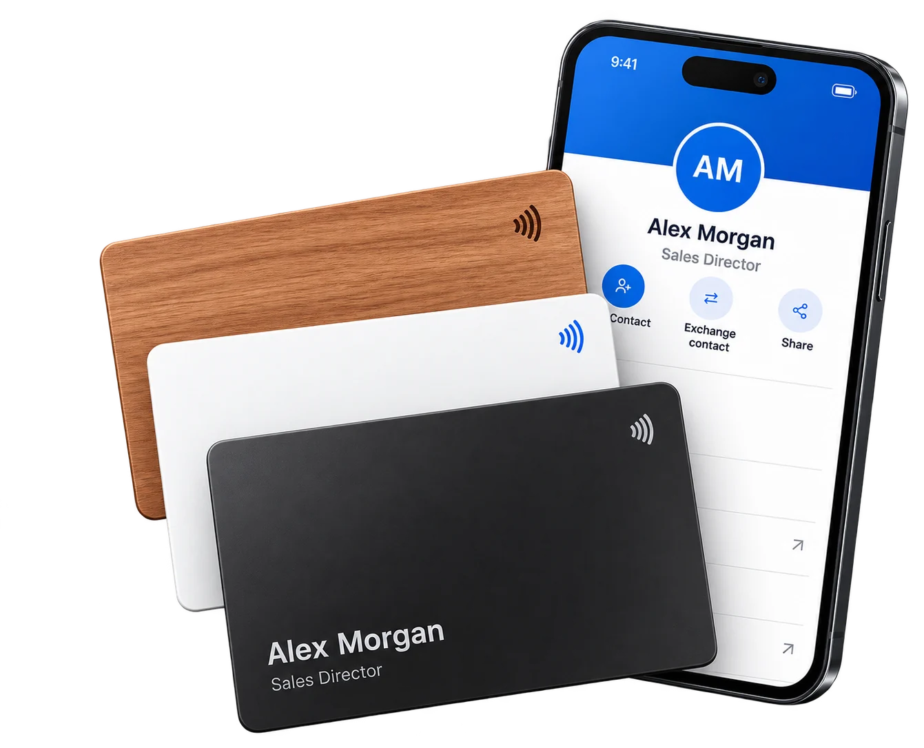 Wooden, white PVC and black metal Card2Tap NFC cards beside a phone showing a Card2Tap digital profile