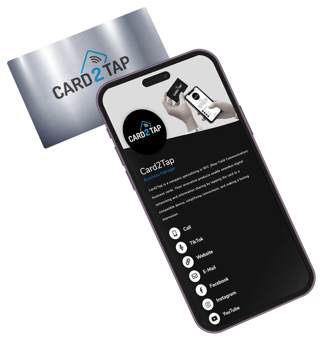 A Card2Tap card beside a phone showing a Card2Tap digital profile