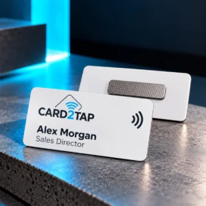 White Card2Tap NFC name tag for Alex Morgan, Sales Director, with a second tag behind it showing the magnetic fastener