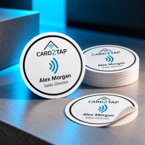 Round white Card2Tap NFC label stickers with the Card2Tap logo and Alex Morgan, Sales Director: one standing, a stack and one peeling off its backing